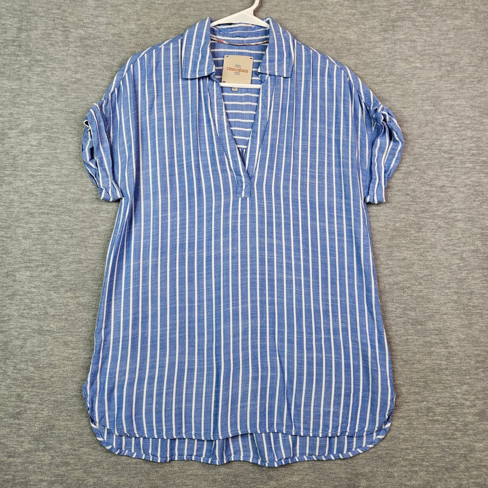 Casa Cabana Womens Blue White Striped Short Sleeve V-Neck Tunic Blouse Size S